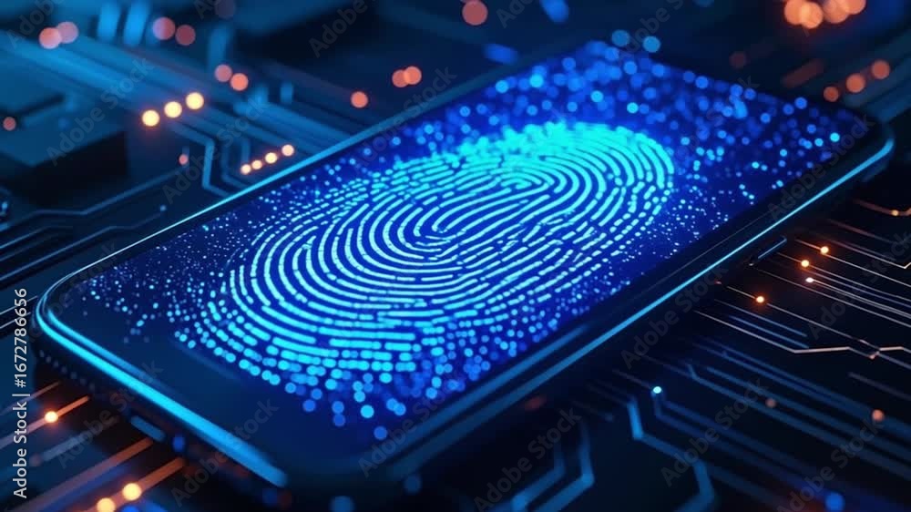 Poster digital fingerprint: a close-up shot of a smartphone screen displaying a glowing, intricate fingerpr