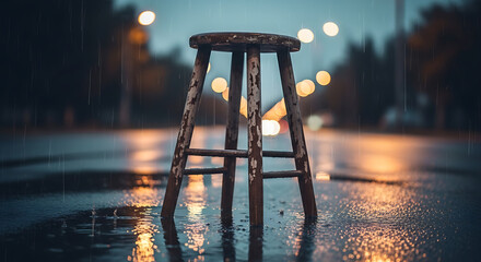 A solitary, weathered wooden stool stands on a wet, reflective city street at night, with blurred lights in the background.