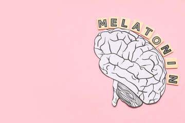 Paper brain and word MELATONIN on pink background