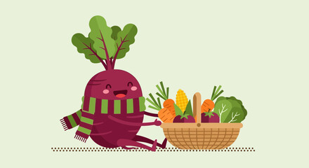 Cheerful Root Vegetable Hugging a Basket of Fresh Produce, Friendly Illustration