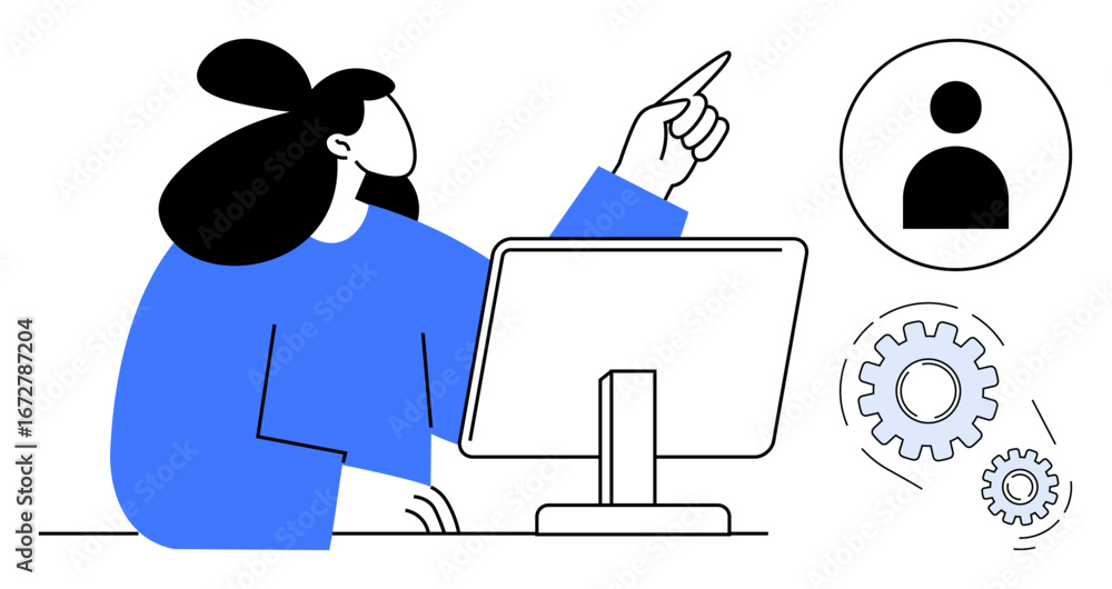 Poster person using computer and pointing upward, indicating ideas or team coordination. adjacent gear and 