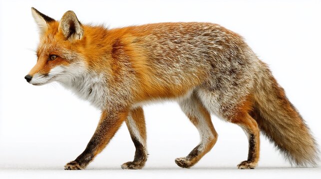 Red fox walks, facing left, in profile view on a white background