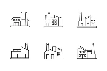 Naklejka premium Industrial Factory Buildings Collection Line Art Design Manufacturing and Production Plants Set Various Architectural Styles Modern and Traditional Structures