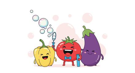 Cheerful Vegetable Friends Blowing Bubbles, Cute Illustration for Children and Kids