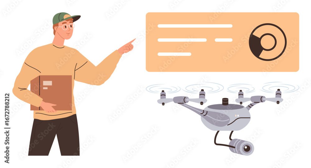 Poster delivery worker holding a package points at data interface, while a drone with camera hovers nearby.