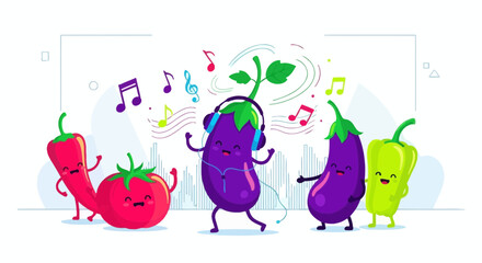 Cheerful Vegetables Dancing And Enjoying Music With Colorful Music Notes Around Them