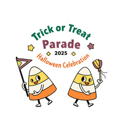 Cute candy corn characters celebrate halloween parade and trick or treat