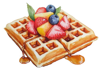 Watercolor waffle with syrup, strawberry, blueberry, and mango topping