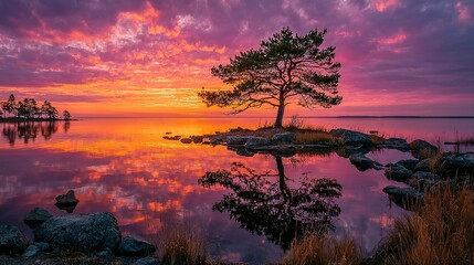 Naklejka premium Tree on small island reflected in water at sunset with colorful sky.