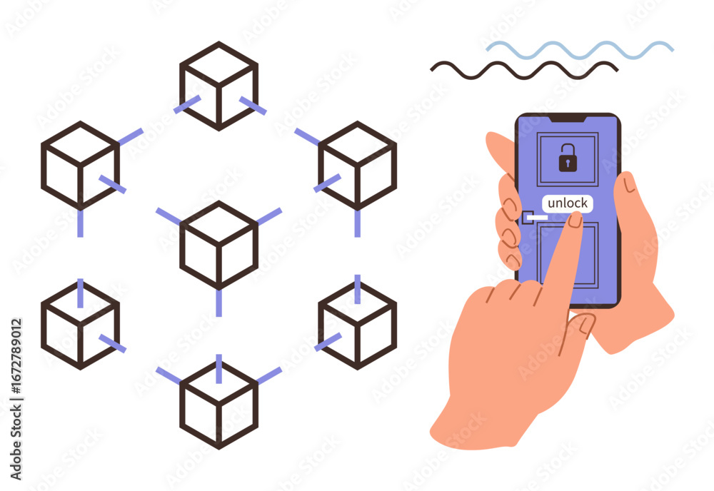 Poster blockchain network represented by interconnected cubes and hand interacting with smartphone to unloc