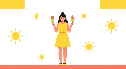 Cheerful Woman Enjoys Delicious Ice Popsicles Under a Bright Summer Sun