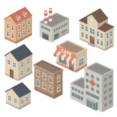 A large collection of low-poly isometric vector illustrations featuring city street facades, including houses, a factory, a caf&eacute;, a school, and a hospital