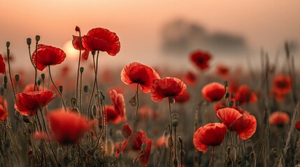 Fototapeta premium Red poppies bask in soft, golden light with a misty background