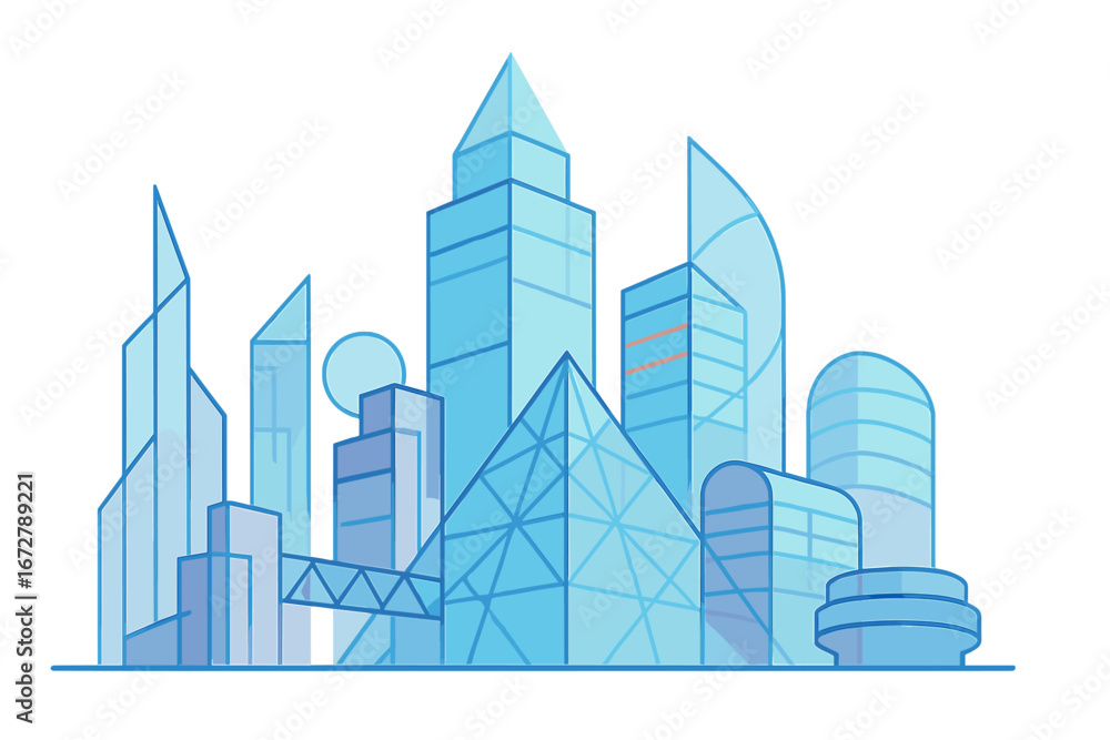 Poster geometric and transparent structures define an abstract, futuristic city architecture