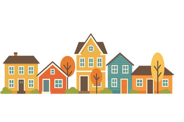 Illustrate a row of vibrant suburban homes featuring diverse architectural styles and autumn trees in a flat minimalist vector style for a neighborhood concept