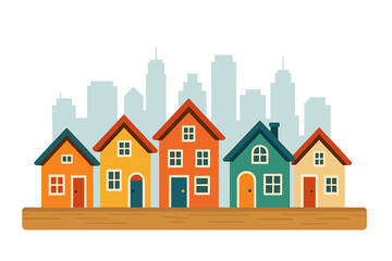 Small, vibrant houses on a wooden base, set against a city backdrop