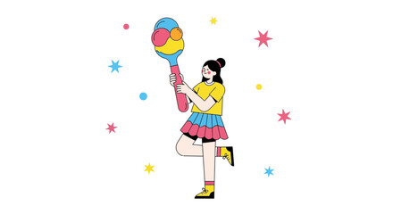 Cheerful Young Woman Holds A Colorful, Oversized, Artistic Toy In Playful Pose