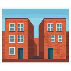 Naklejka premium The urban minimalist design showcases a pair of red brick buildings with geometric facade patterns, a symmetrical arrangement, and a clear blue sky overhead