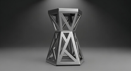 Naklejka premium A silver geometric structure, resembling an hourglass, stands on a reflective surface against a dark gray background with spotlighting.