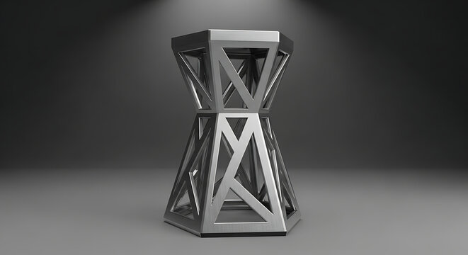A silver geometric structure, resembling an hourglass, stands on a reflective surface against a dark gray background with spotlighting.