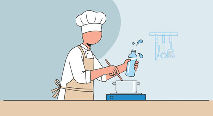 Chef Adding Water To Pot In Kitchen, Preparing Food, Cooking Dinner, Vector Illustration