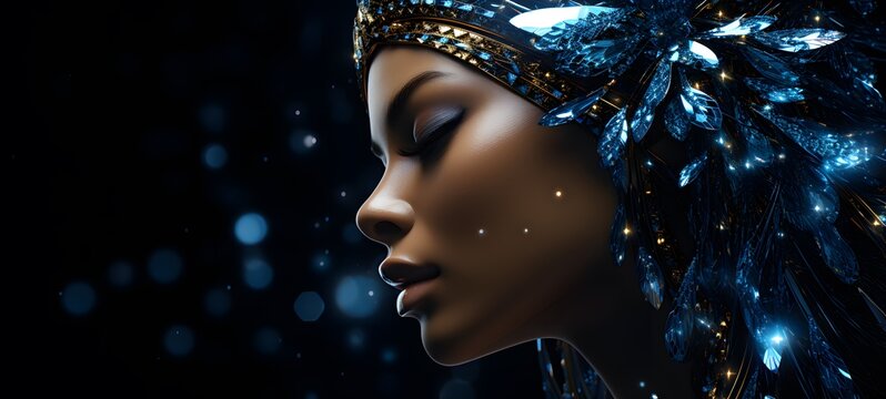 The black background contrasts sharply with the bright blue diamonds light emitted by lady Angel,generative AI