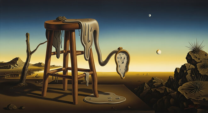 Surrealist painting of a melting clock and stool in a desolate landscape, depicting the passage of time and the irrational.