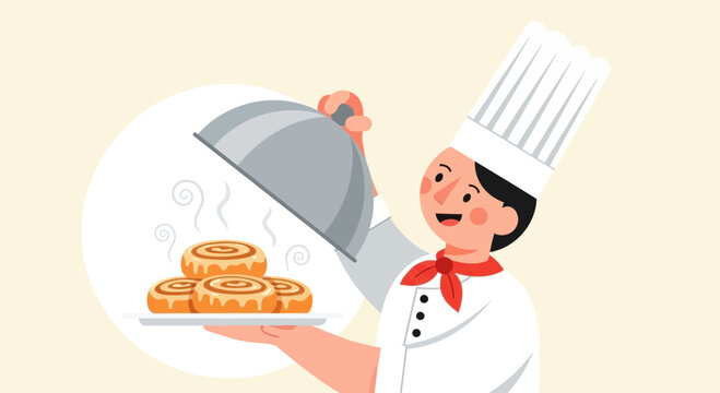 Chef Presenting Freshly Baked Cinnamon Rolls: Delightful Bakery Treats Illustration