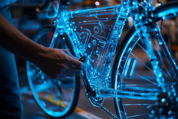 Mechanic maintenance electronic bicycle with Artificial Intelligence program digital blue neural connection lines. 