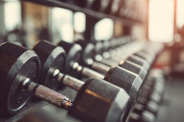 Naklejka premium Dumbbell racks in a gym blurred effect