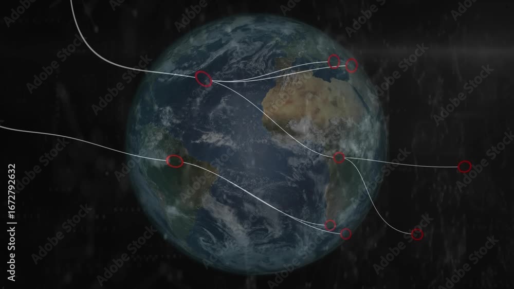 Poster Off-screen white curves starting streaming toward red nodes on rotating globe showing network links