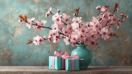 Cherry Blossom Branches in a Vase with Turquoise Presents Adorned by Pink Ribbons. Elegant and Festive Decor.