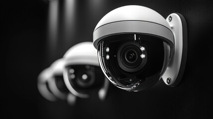 Security cameras mounted in a row on a dark wall, focused on the central lens