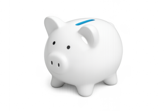 White piggy bank saving money on transparent background