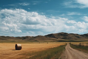 Fields of hay beside the road in a rural setting