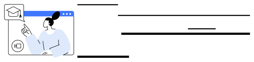 Woman pointing to a graduation cap in a speech bubble on a web interface. Ideal for education, e-learning, virtual classroom, self-development, technology, communication, simple flat metaphor