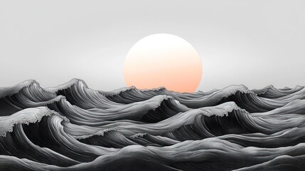 Dark grey waves crash gently on horizon, pale sun