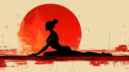 Silhouetted woman in yoga pose, vibrant red sun