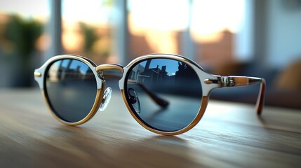 Stylish round sunglasses on a light wooden surface, reflecting the background