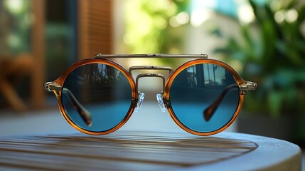 Close-up of stylish, round sunglasses with a unique frame, resting on a light wooden surface.  Blurred outdoor background of plants and buildings