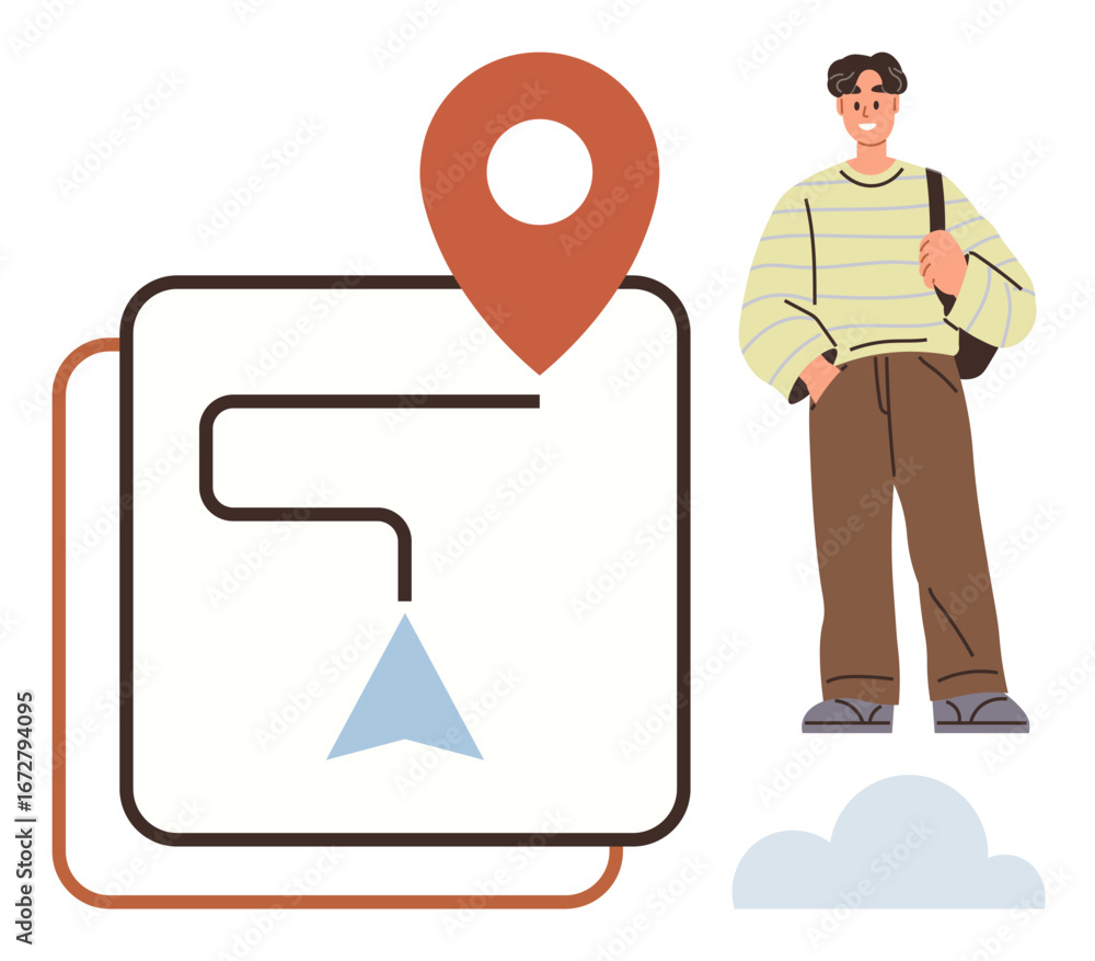 Poster map with navigation path, location pointer, and arrow beside a smiling young man with a bag. ideal f
