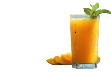 Refreshing glass of fresh mango juice with mint leaves and sliced ripe mango isolated on transparent background, tropical summer drink, healthy fruit beverage
