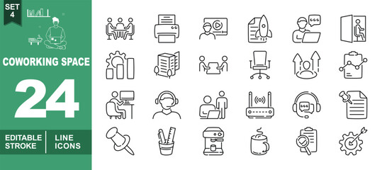 Coworking line icon set. Exclusive Coworking line icon collection. Containing meeting, printer, video, rocket, laptop, exit, gear, newspaper, meeting, chair, growth, report, worker. Editable stroke
