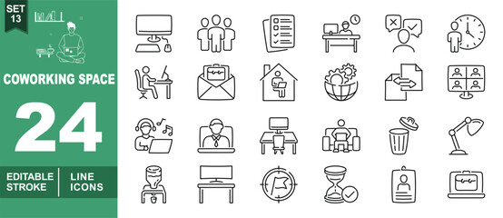 Coworking line icon set. Exclusive Coworking line icon collection. Containing monitor, people, checklist, desk, feedback, clock, person, email, house, gear, transfer, monitor, music. Editable stroke