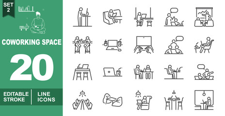 Coworking line icon set. Exclusive Coworking line icon collection. Containing person, person, person, person, person, people, laptop, hands, people, person, desk, laptop, people. Editable stroke