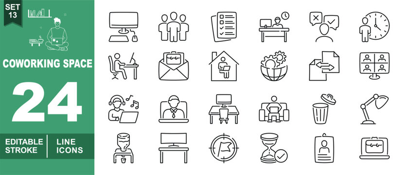 Coworking line icon set. Exclusive Coworking line icon collection. Containing monitor, people, checklist, desk, feedback, clock, person, email, house, gear, transfer, monitor, music. Editable stroke