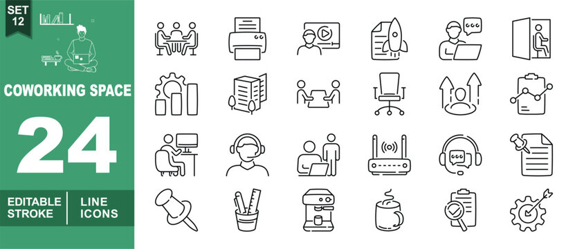 Coworking line icon set. Exclusive Coworking line icon collection. Containing note, marker, machine, books, wifi, server, folder, box, clipboard, house, bookshelf, chair, formula. Editable stroke