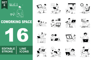 Coworking Space line icon set. Exclusive Coworking Space line icon collection. Containing man sitting cross-legged with laptop, man sitting in chair with tablet, and etc. Editable stroke