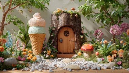 Giant ice cream cone beside whimsical fairy house in vibrant garden