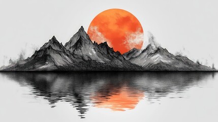 Misty mountains, fiery sun, mirrored calm